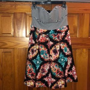 Strapless striped and floral mini dress